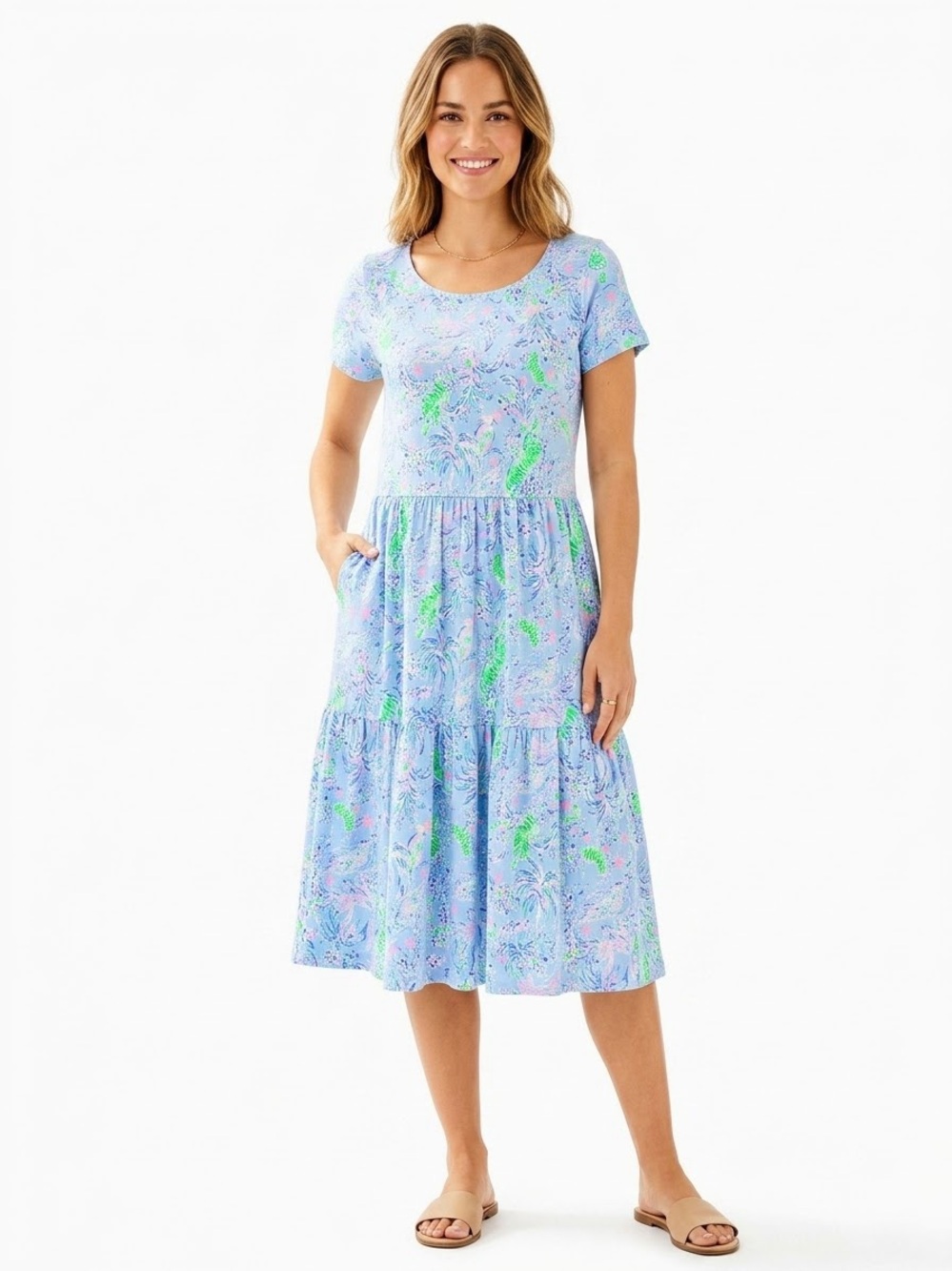 Lilly Pulitzer blue tropical tiger tiered midi dress size large